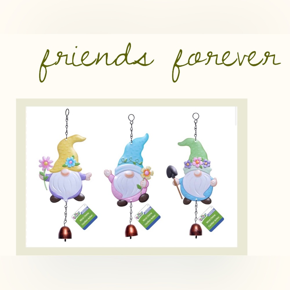 New Set of 3 Wind Chimes Summer Pastels Metal Gnome Garden Decorations w/ Bells